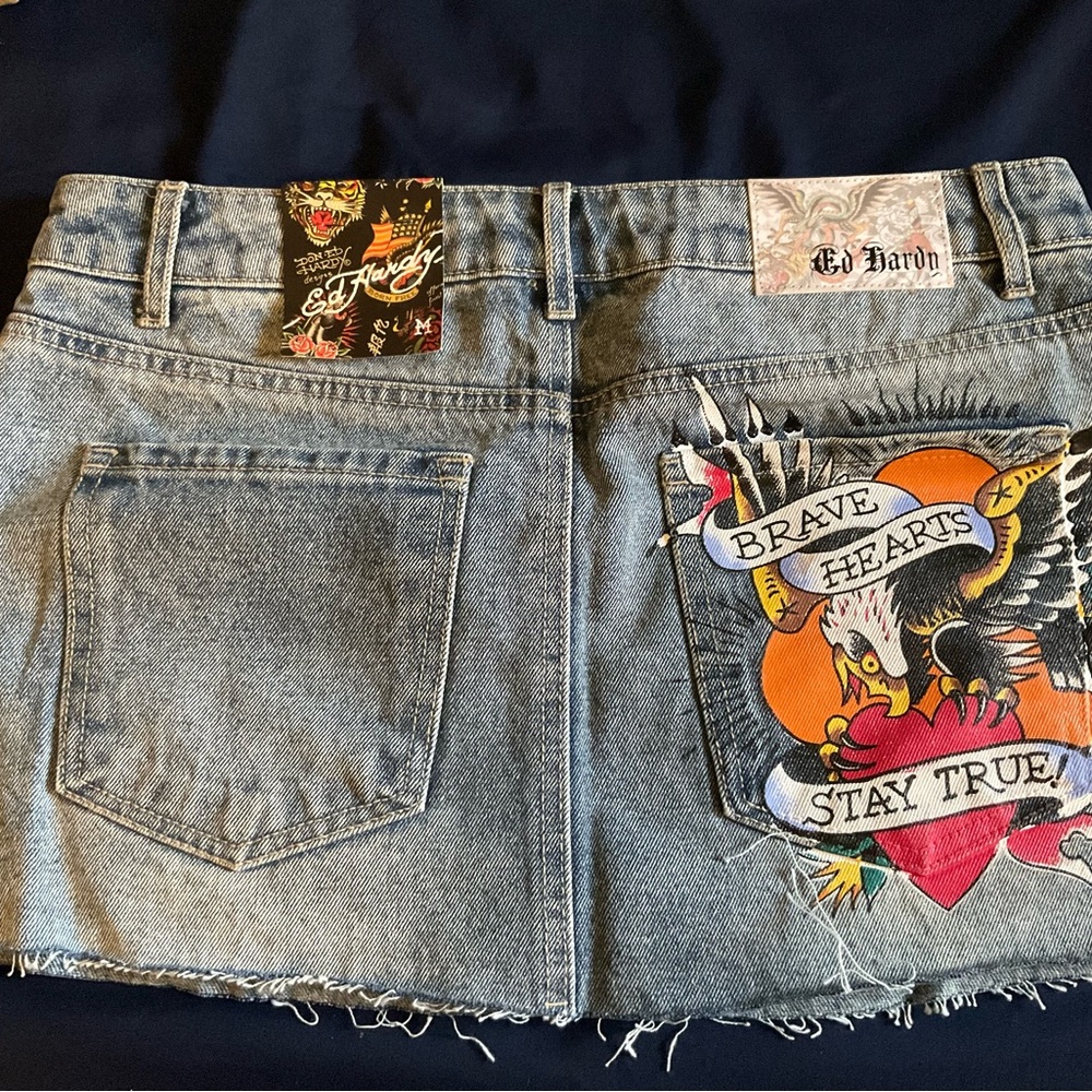 Ed Hardy Blue Jean Skirt with Colorful Patches
